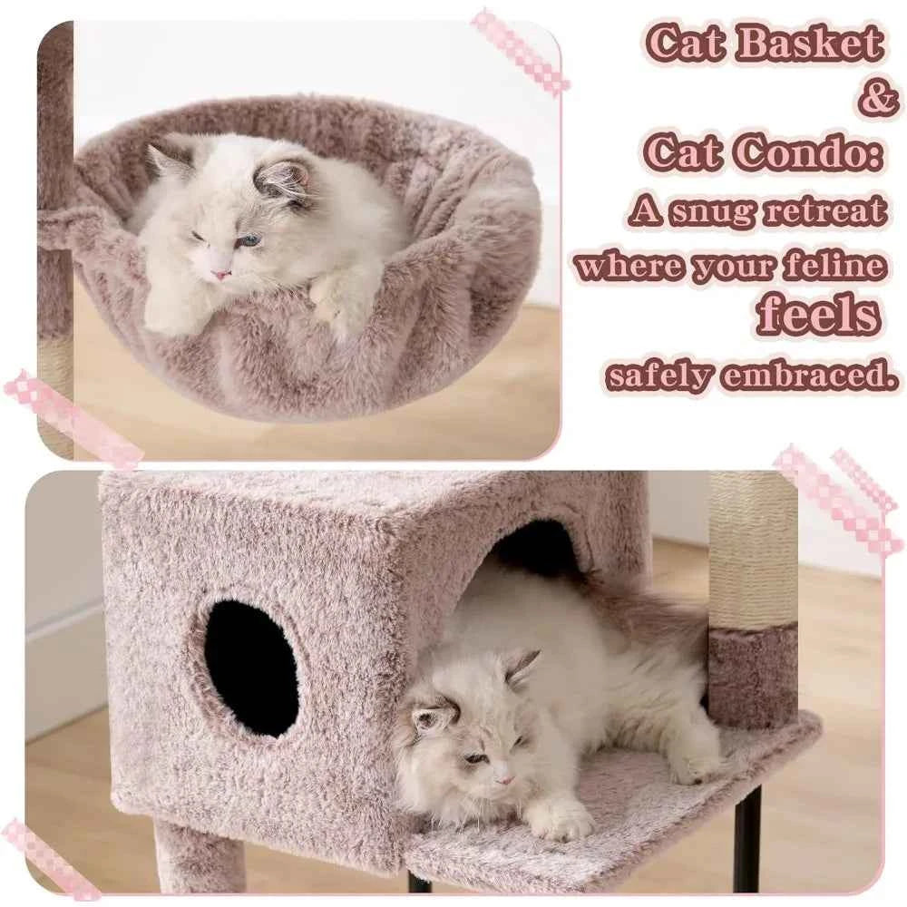49 Inch Multi Level Cat Tower Condo with Hidden Space Steel Frame Plush Perch Hammock and Sisal Posts