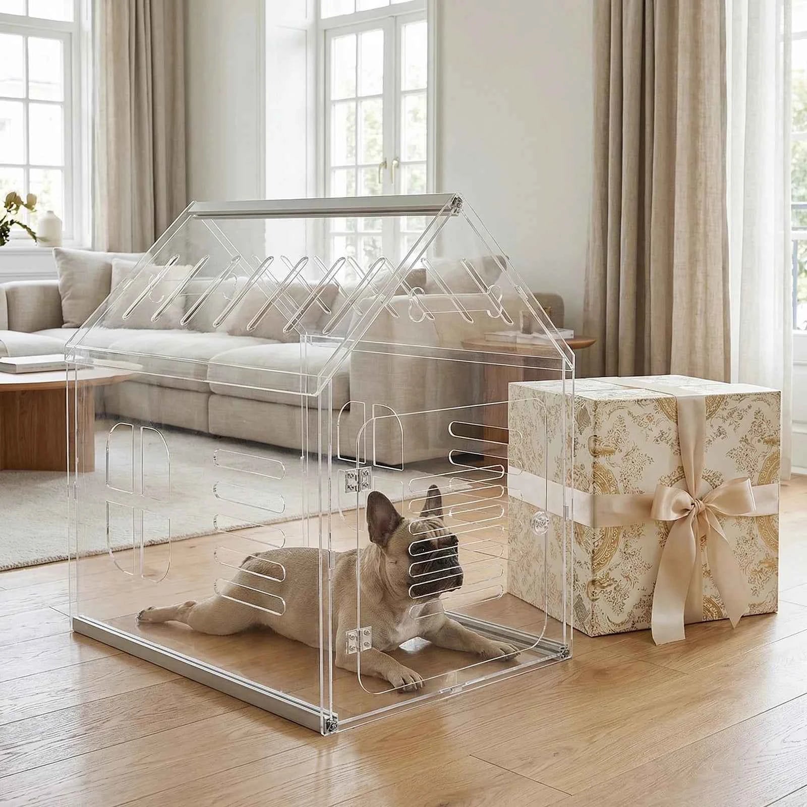 Acrylic Dog Cat House Lockable Ventilated Modern Dogs Crate Clear Dog Playpen for Small and Medium Dogs Pets 610x400x600mm