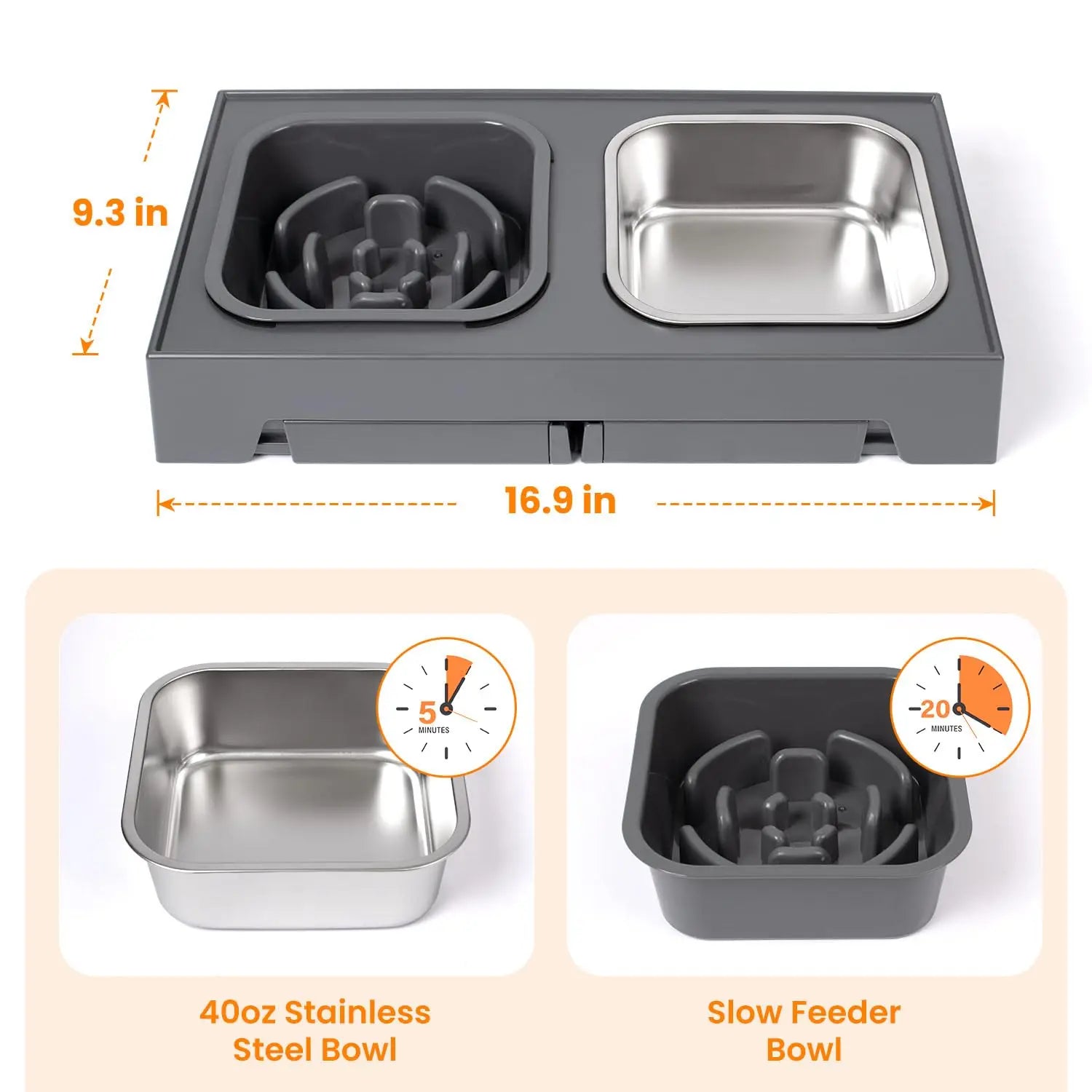 Dual Elevated Slow Feeder Dog Bowls With Foldable Stand