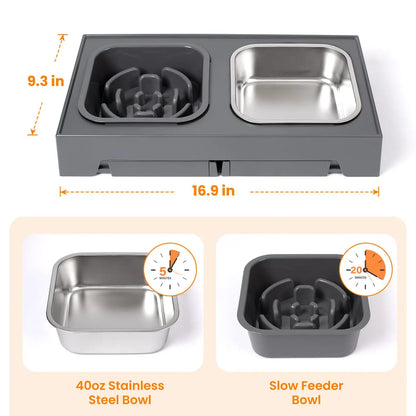 Dual Elevated Slow Feeder Dog Bowls With Foldable Stand