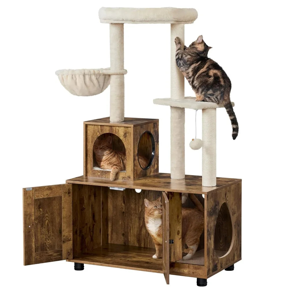 Cat Tree Tower With Litter Box Enclosure And Scratching Posts