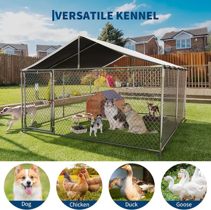Large Dog Kennel Outdoor with Roof Heavy Duty Dog Enclosure Outside Pet Fence for Yard Dog Boarding Kennel Poultry House Cage Steel Fence with Ground Anchor Secure Lock Farm Training