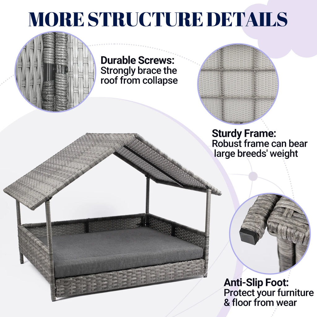 Elevated Wicker Dog House With Canopy And Water Resistant Cushion