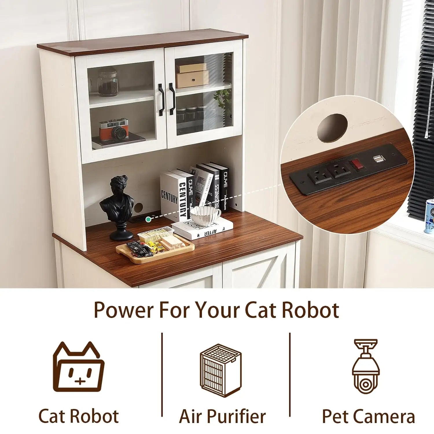 71" Dog Proof Cat Litter Box Enclosure, Litter Collector & Outlet, LED Cabinet for Self Cleaning Box, White, Custom