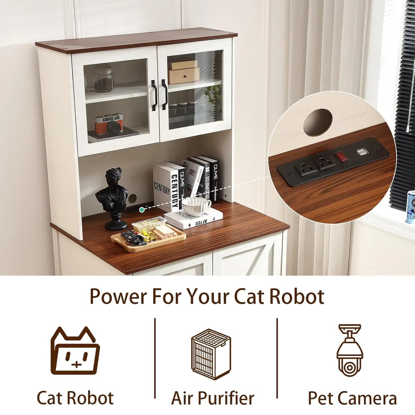 71" Dog Proof Cat Litter Box Enclosure, Litter Collector & Outlet, LED Cabinet for Self Cleaning Box, White, Custom