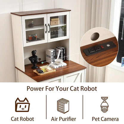 71" Dog Proof Cat Litter Box Enclosure, Litter Collector & Outlet, LED Cabinet for Self Cleaning Box, White, Custom