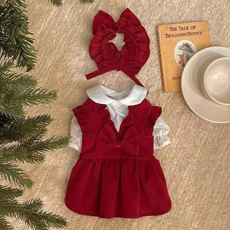 Puppy Bow Knot Dress Set Winter Warm Dog Clothes Pet Christmas Princess Dress Teddy Solid Color Skirt Send Clip