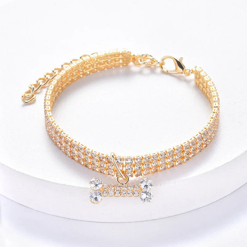 Adjustable Pet Necklace Crystal Collar Rhinestone Bone Pendant