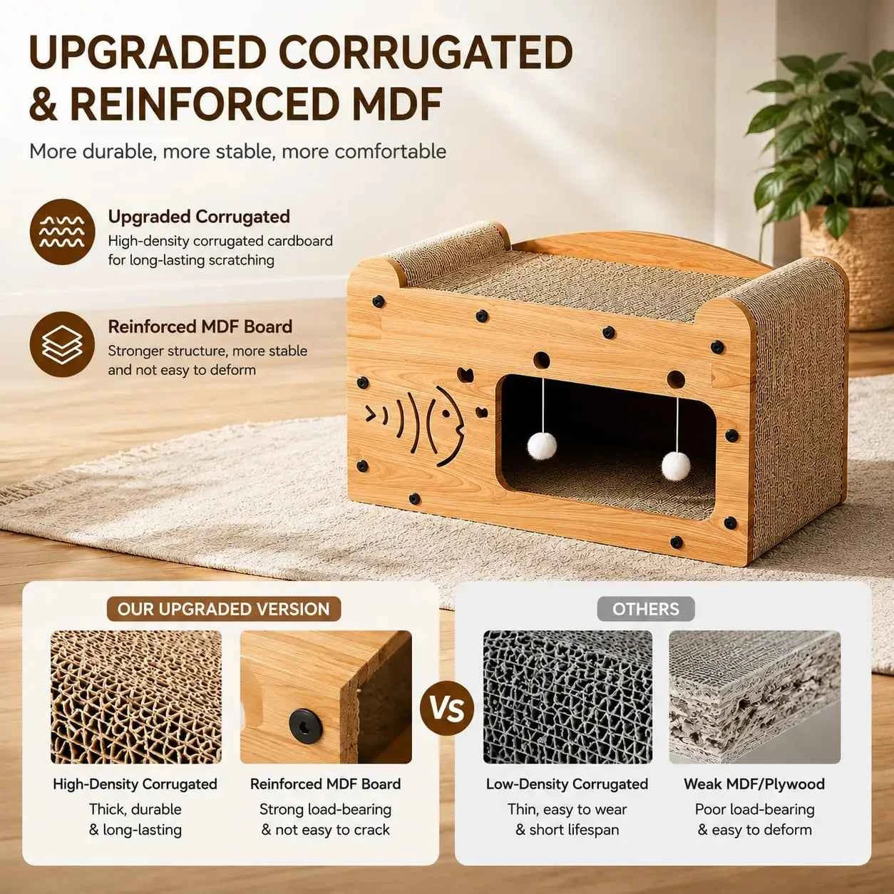 2 In 1 Double Layer Cardboard Cat Scratcher Lounge Bed Bubble Fish Star Moon Double Cat Head Pattern Detachable Upper Platform Cat Hideaway With 2 Hanging Pom Pom Balls For Multi Cat Households