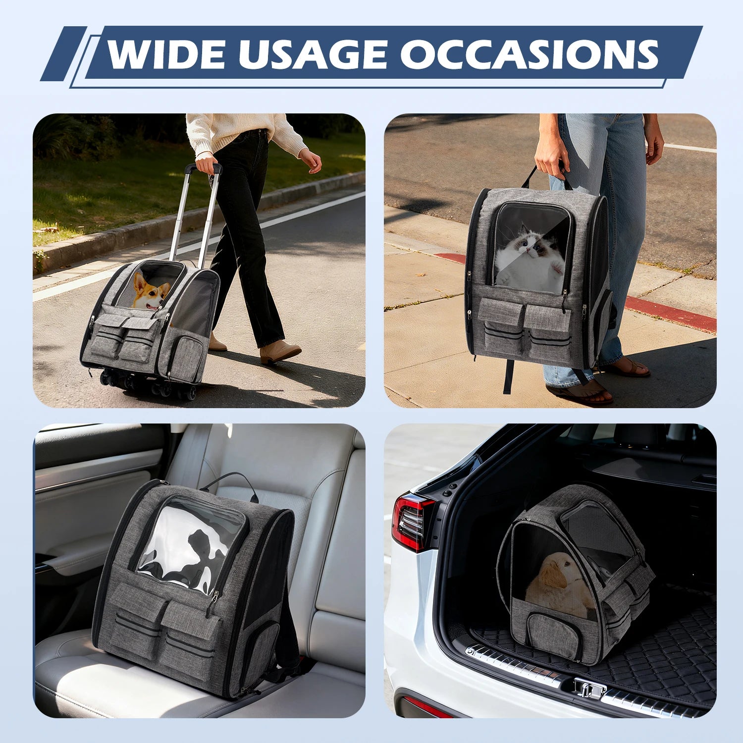 Rolling Pet Carrier Backpack With Removable Wheels For Dogs