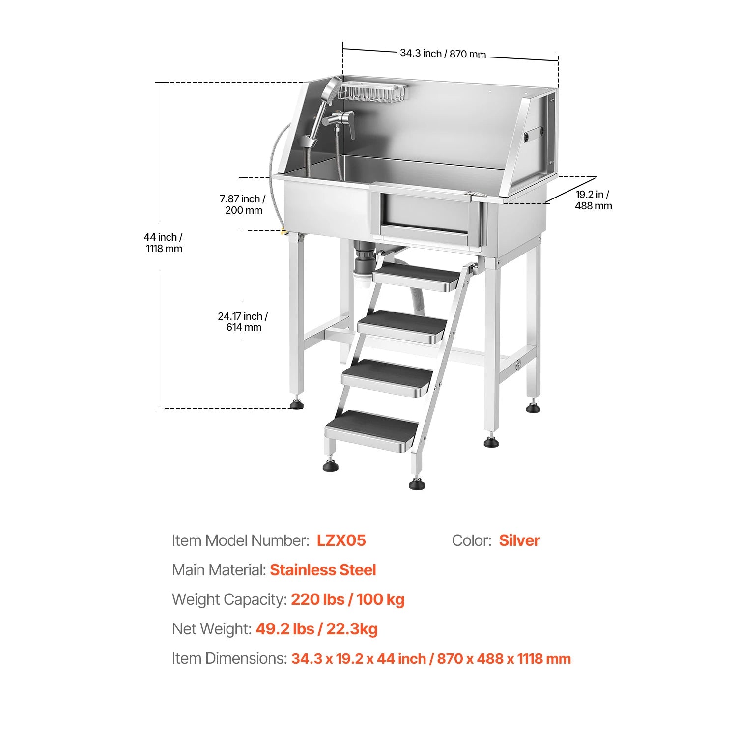 SucceBuy 34" Dog Washing Station Stainless Steel Dog Wash Sink with Shower Faucet Soap Holder Non-Slip Stairs Easy-Clean Design