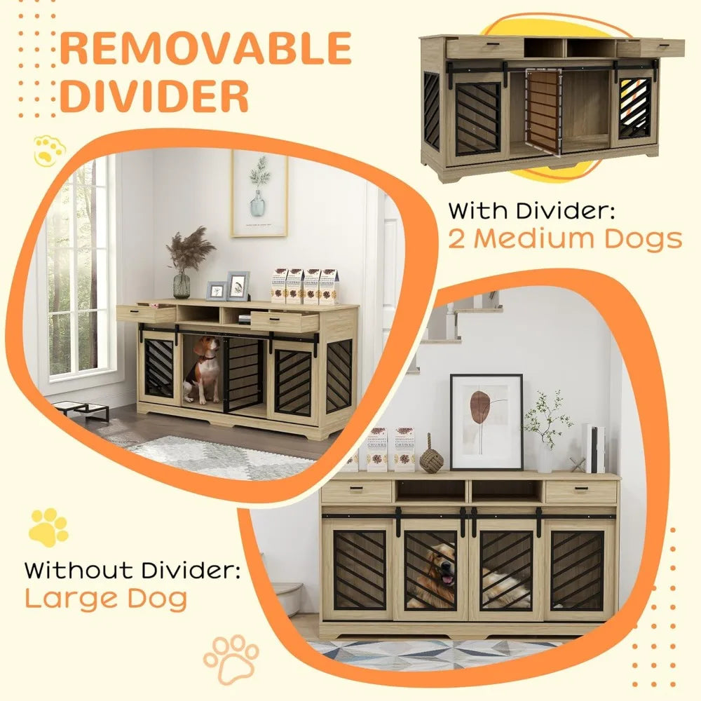 Double Dog Crate Furniture with Removable Divider for 2 Medium Dogs or 1 Large Dog, 66" Modern Dog Kennel Furniture End Table w