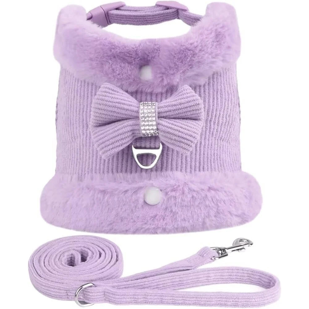 Cute Padded Dog Harness Leash Set With Removable Bow