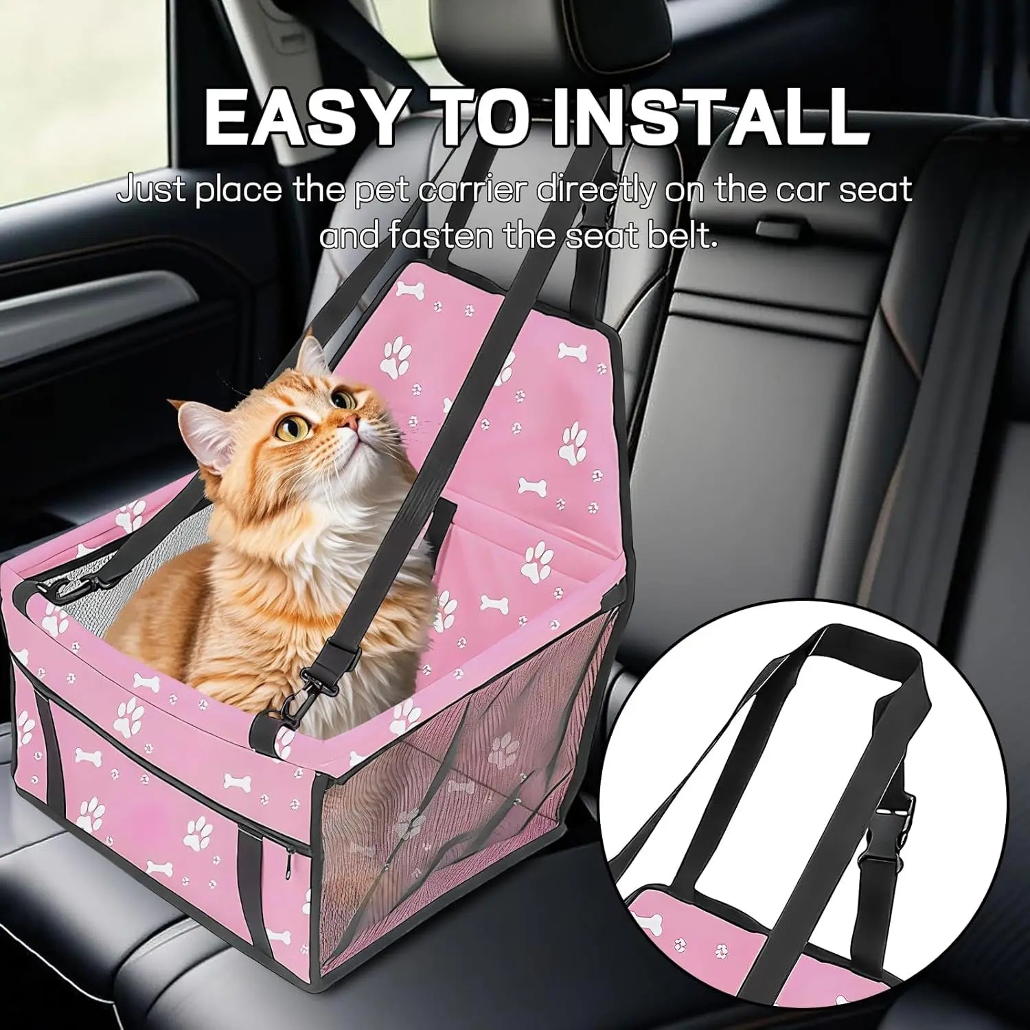 Wuyaoyao Pet Car Seat, Waterproof Breathable Oxford Cat Dog Car Booster Seat for Small Pets, Foldable Portable Vehicle Puppy Travel Basket with Seatbelt & Support Rod, for Pet Up to 22 lbs (Pink)