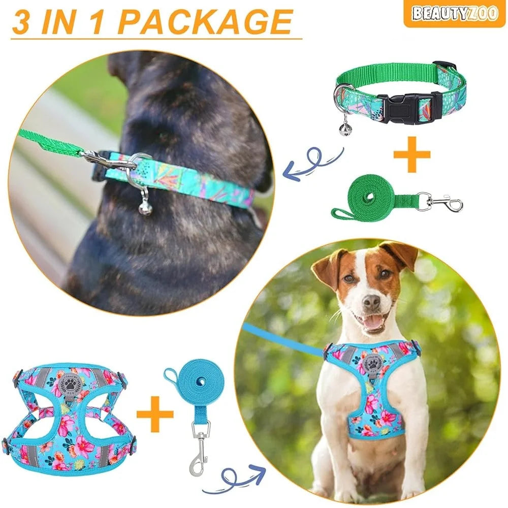 Adjustable No Pull Dog Harness Leash Collar Set Reflective
