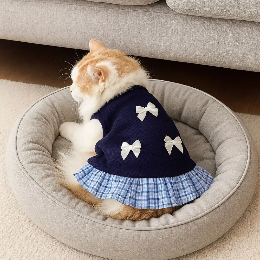 Korean Style Pet Princess Skirt Bowknot Plaid Breathable Summer Apparel
