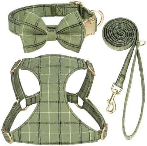 YTYIN Dog Harness And Leash Set With Bow And Plaid Collar