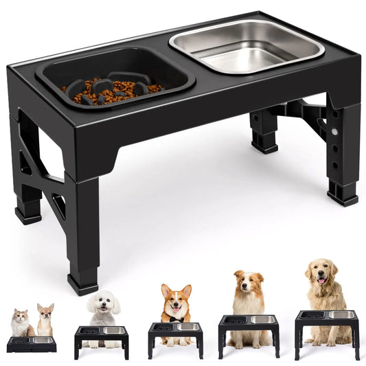 Dual Elevated Slow Feeder Dog Bowls With Foldable Stand