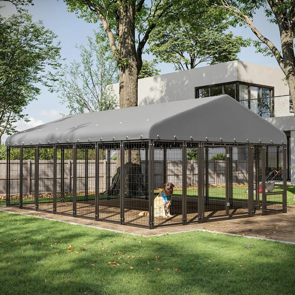 10X14FT Dog Kennel Outside Double Door Dog Kennel Outdoor with Feeding