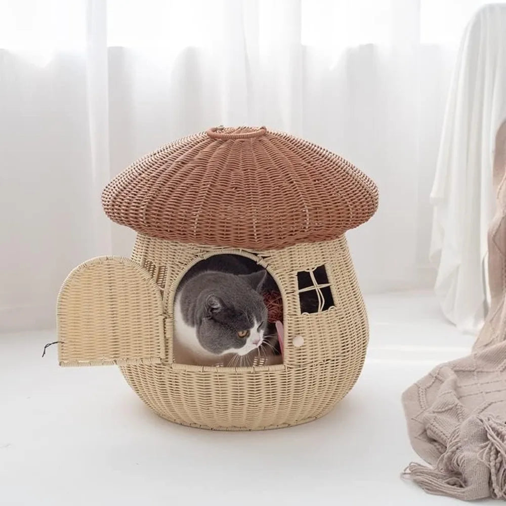 High Concerned Chemical Pet Nest Mushroom House Rattan Raised Cat Bed Kennel Indoor