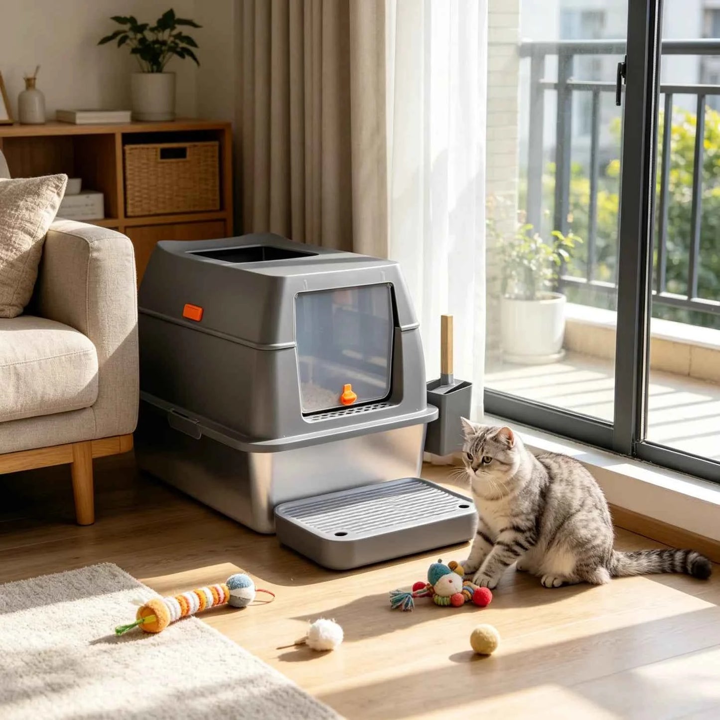 Enclosed Stainless Steel Cat Litter Box with Lid Extra Large for Big Cats Kitty Metal Litter Pan Tray High Wall Sides