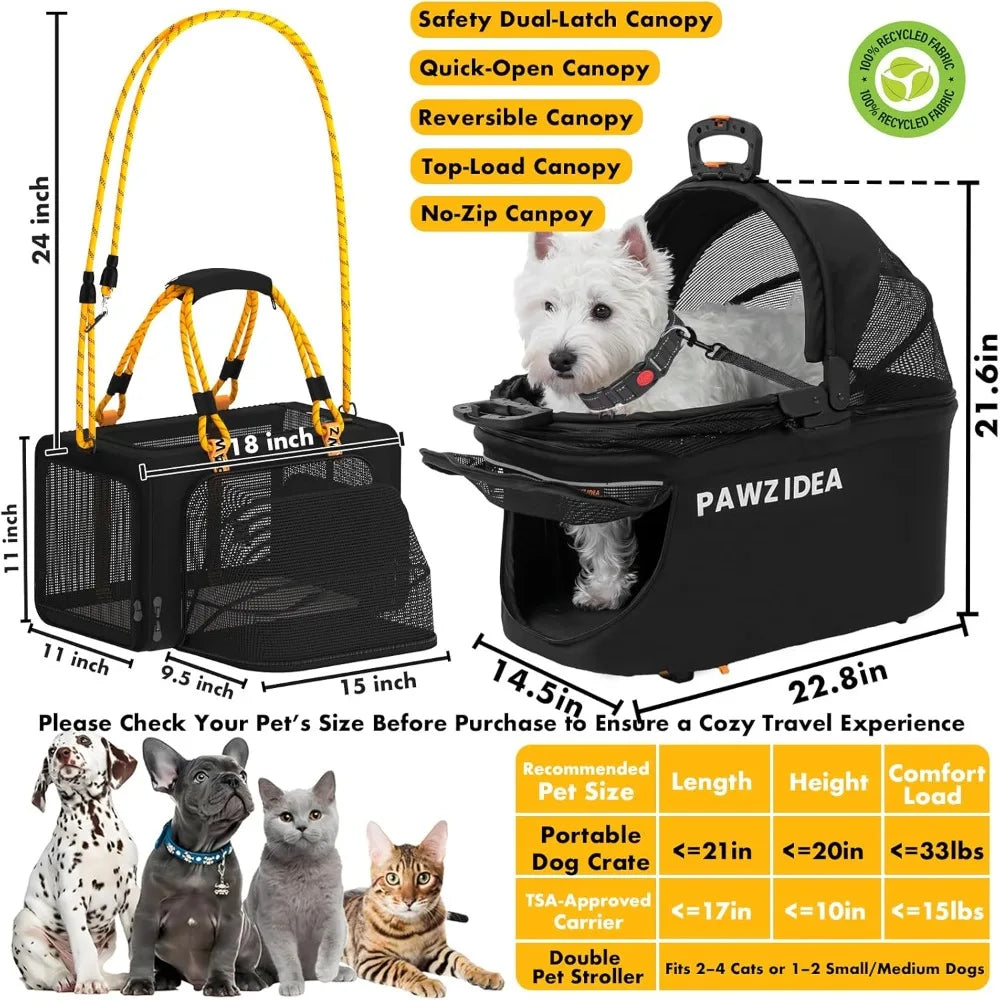 Double Pet Stroller with 2 Detachable Carriers, Portable Dog Crate for Car Travel & TSA-Approved Expandable Cat Carrier