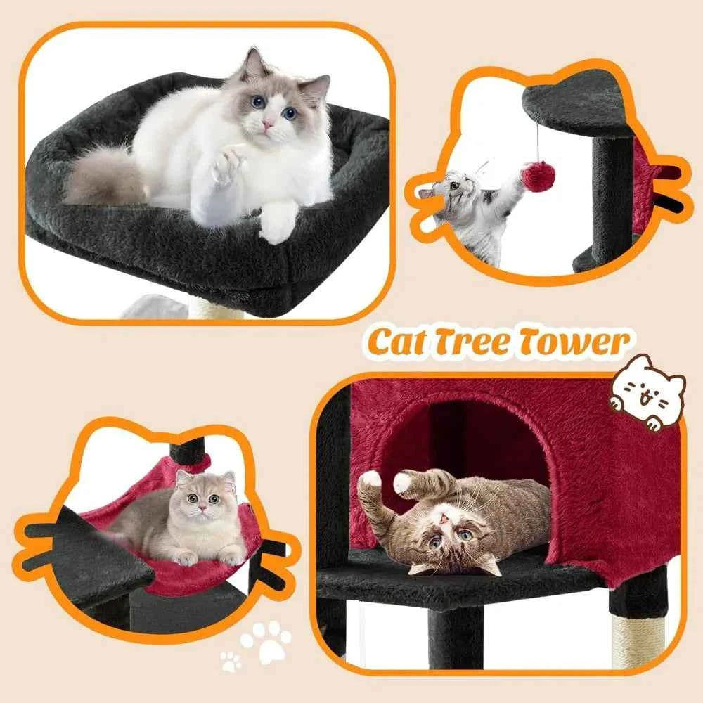 44 Inch Cat Tree Tower with Sisal Scratching Posts Hammock Condo for Indoor Cats Kittens Play Black Red