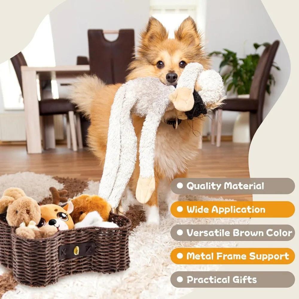 Dog Toy Basket With Lid Bone Shaped Natural Wicker Organizer