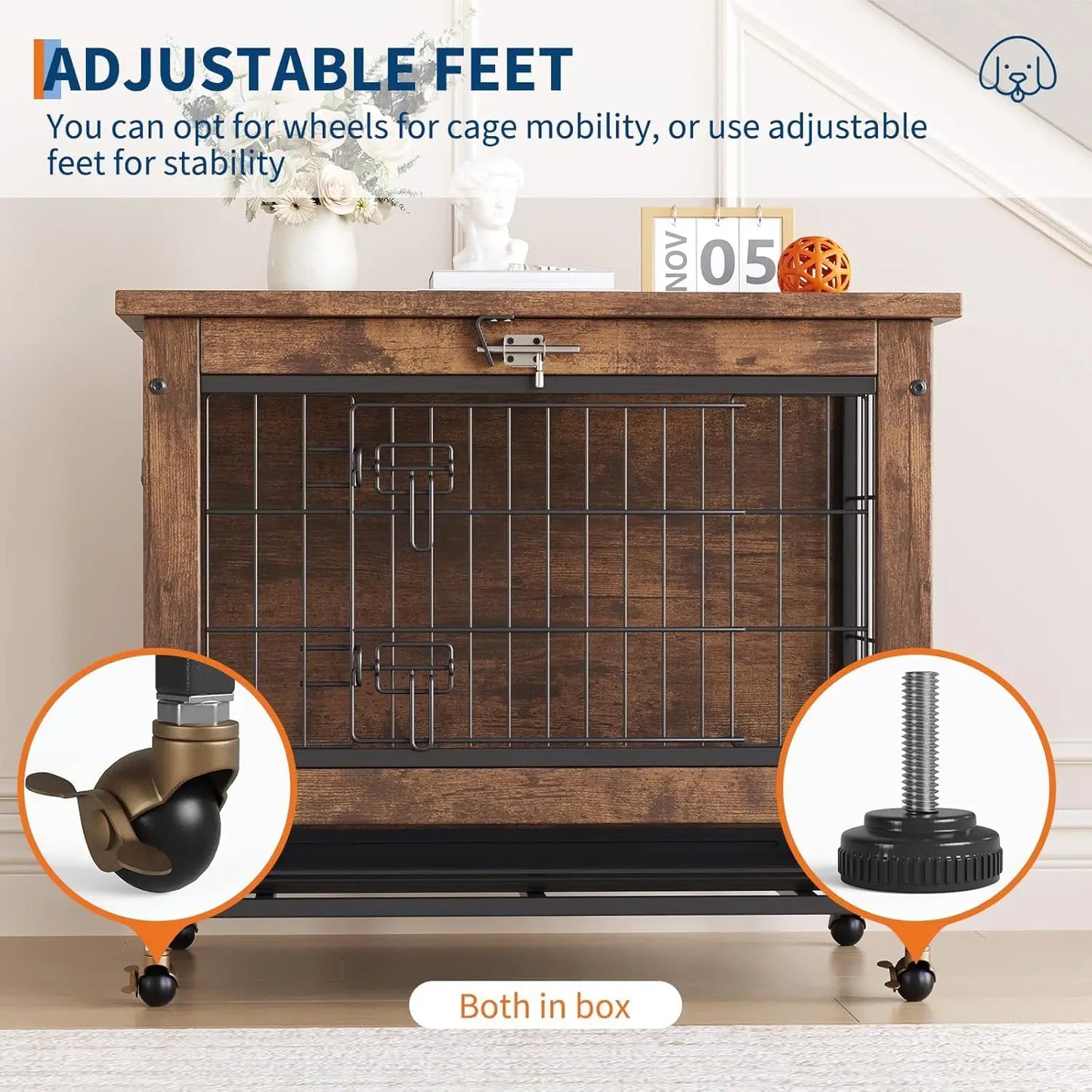 TWISTER.CK Dog Crate Furniture Double-Door Kennel with Wheels Removable Tray