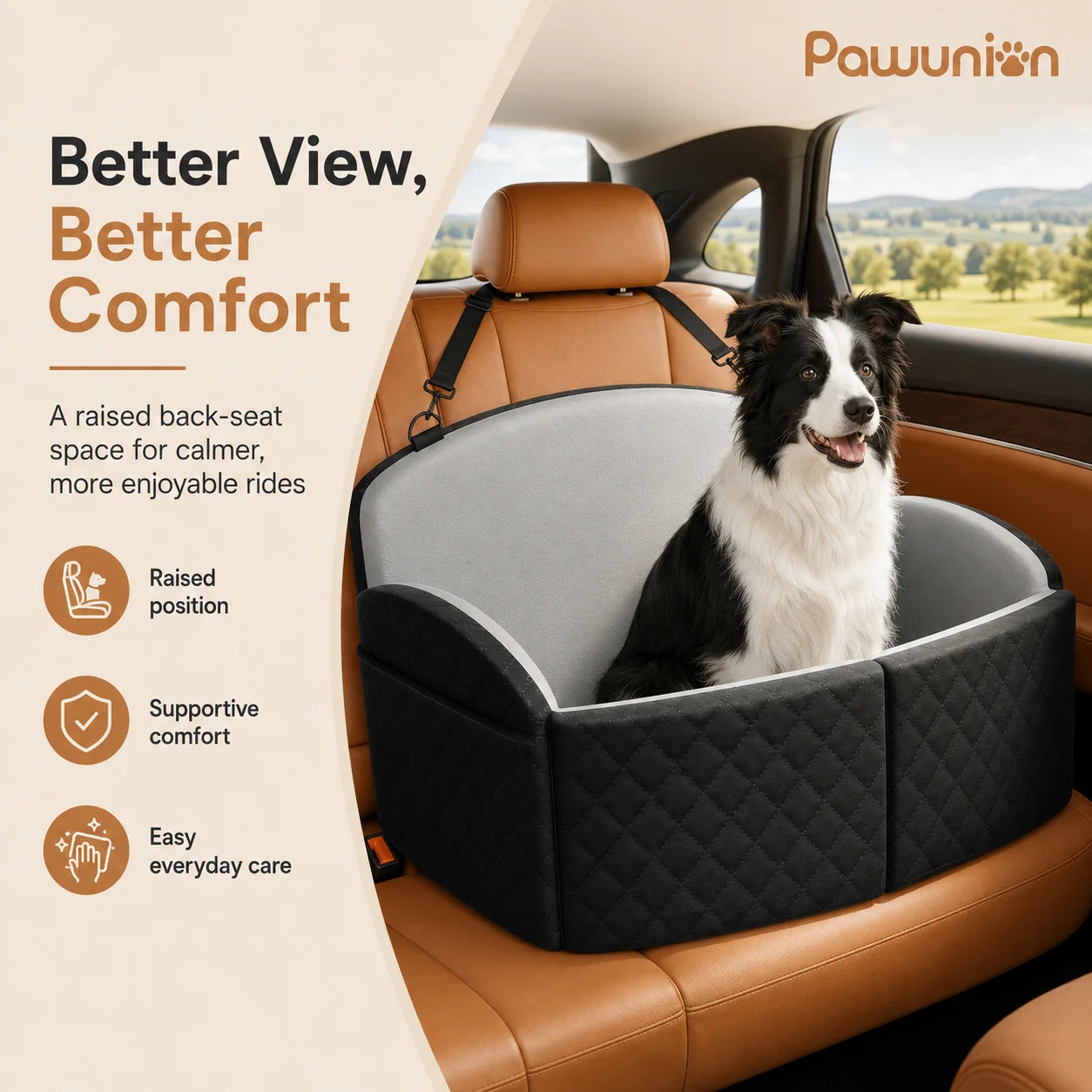 Dog Car Seat for Medium/Large Dogs, Memory Foam Dog Booster Seat with Thick Cushion up to 55 lbs or 2 Small Dogs, Travel Pet Car Seat with Detachable Washable Cover, 2 Safety Leashes