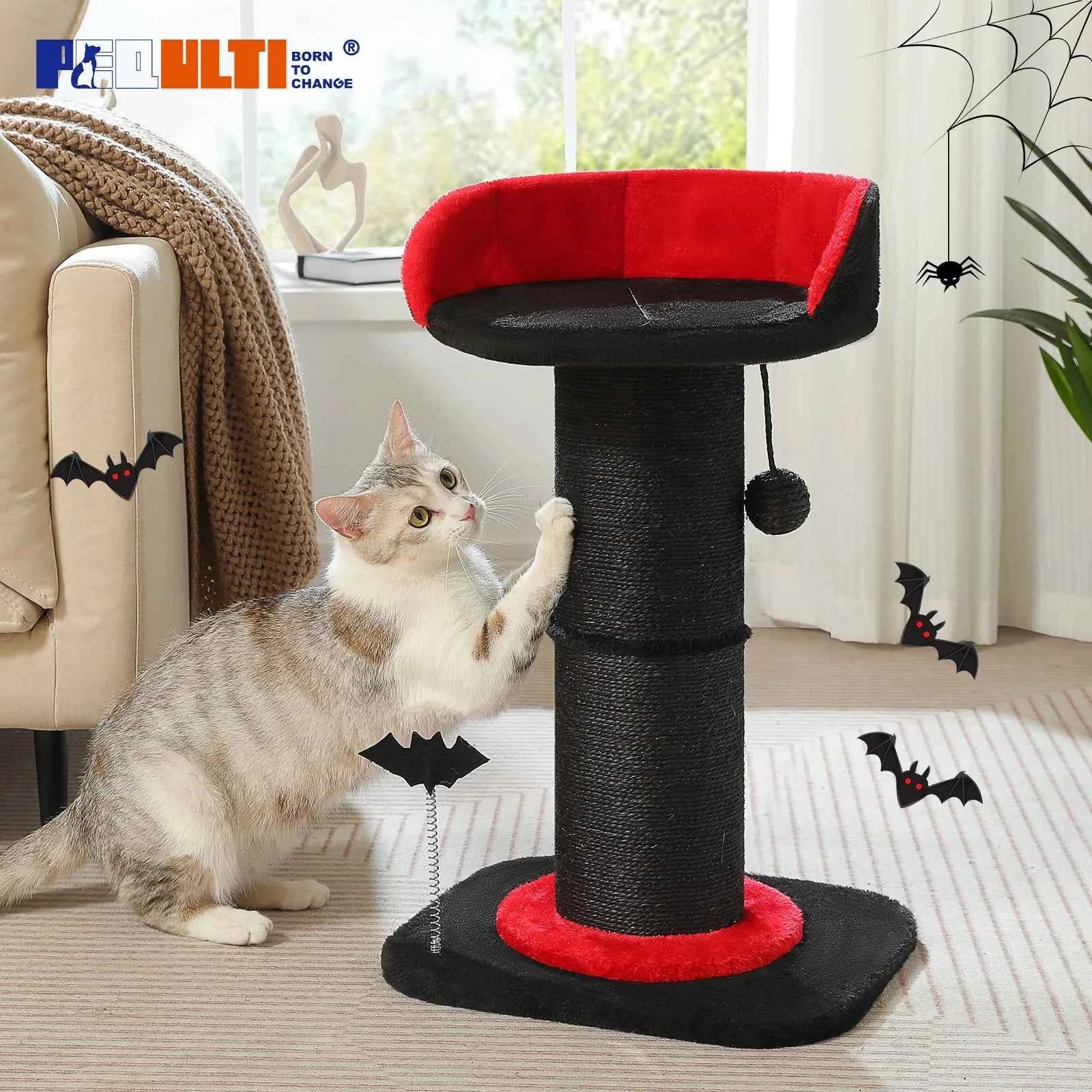 Large Cat Scratching Post for Indoor Gothic Cat Tree Tall Cat Scratcher with Thick Scratching Post Removable Cat Bed Spring Ball