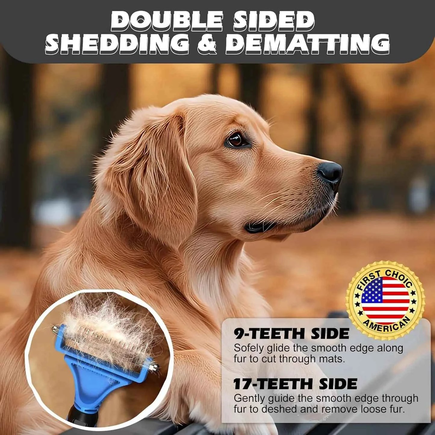 3PC Pet Grooming Kit: Rake, Comb & Flea Comb for Dogs Cats, Double-Sided Dematting Brush, Removes Tangles & Loose Hair (Blue)