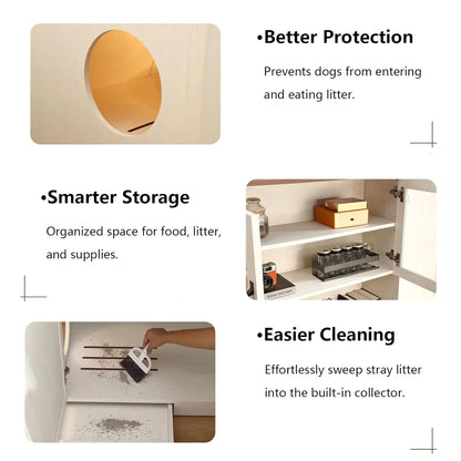 71" Dog Proof Cat Litter Box Enclosure, Litter Collector & Outlet, LED Cabinet for Self Cleaning Box, White, Custom