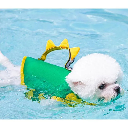 Pet dinosaur life jacket swimsuit water sports safety vest, M, green, 2 pieces of clothing/fashionable life jacket/tube