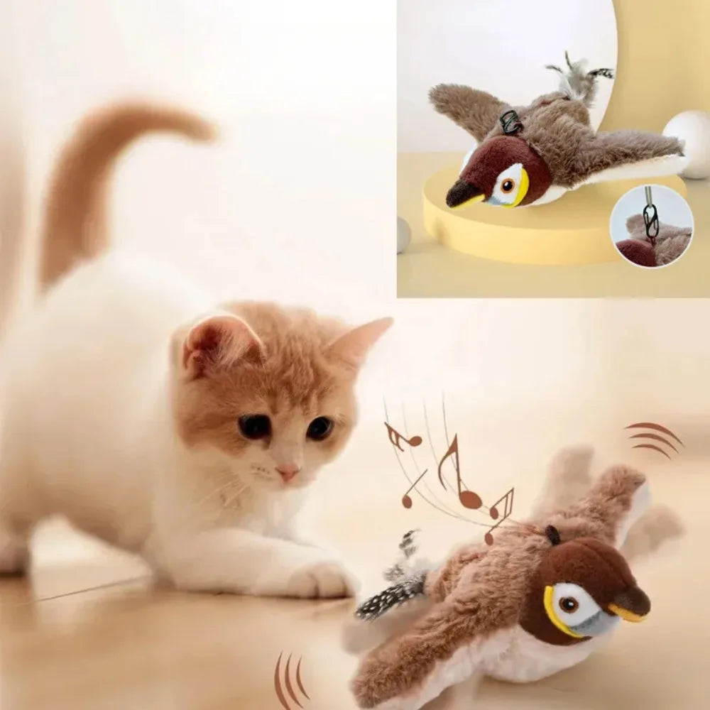 Hot Cat Interactive Toy - Electric Flapping Bird, USB Rechargeable, Touch-Activated Squeaky Plush w/Catnip for Cats & Small Dogs