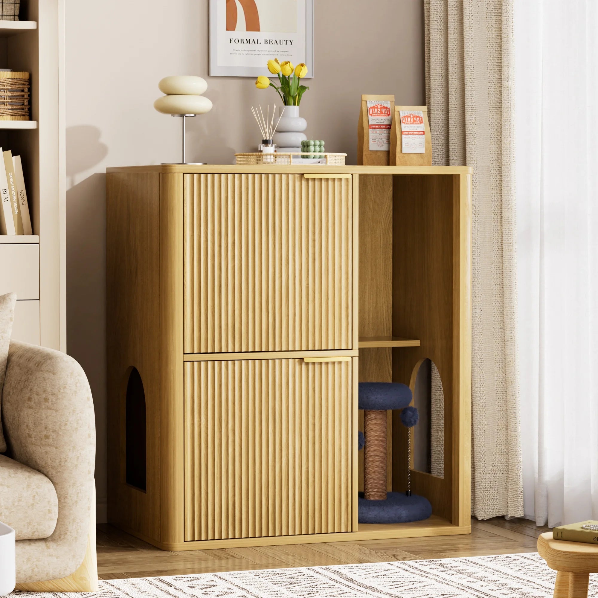 31.5" Light Wood Cat Litter Cabinet with Cat Tree, Hidden Litter Box Furniture with Dual Doors & Storage Shelves, Multi-Functional Pet Station for Living Room & Bedroom