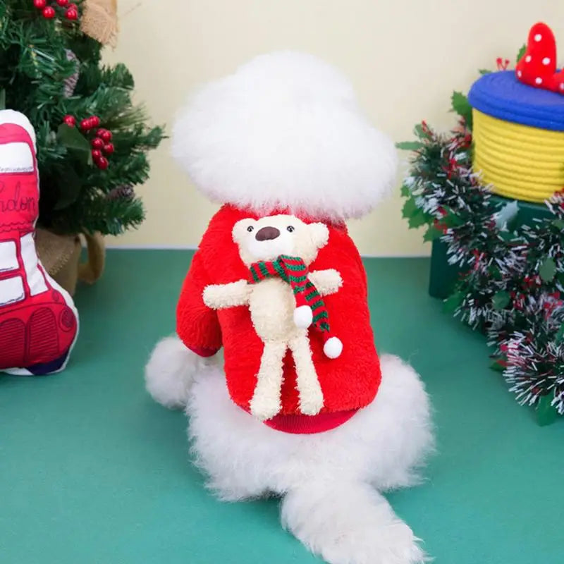 Pet Christmas Costumes Cartoon Pet Winter Plush Dress Warm Dog Cosplay Hoodie Dog Holiday Apparel With Bear For