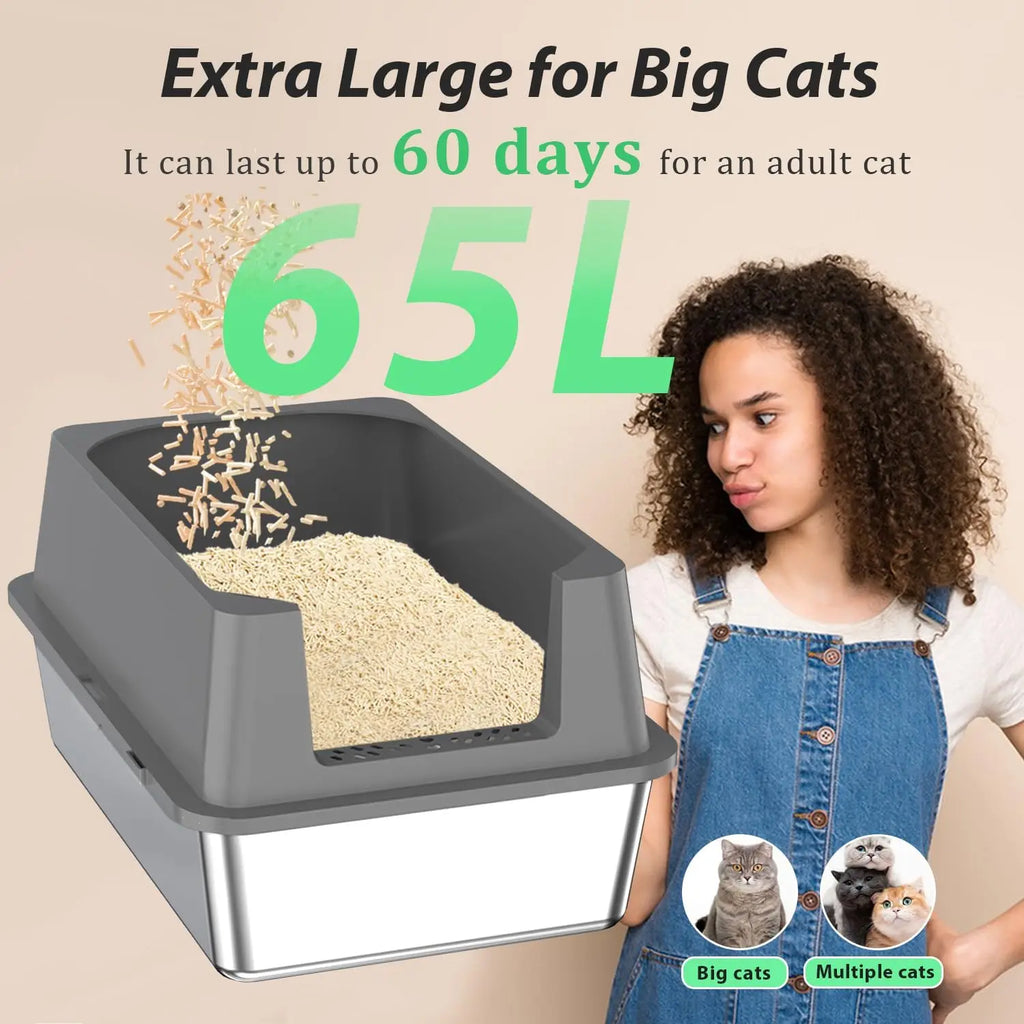 Stainless Steel Cat Litter Box With High Sides Easy Cleaning