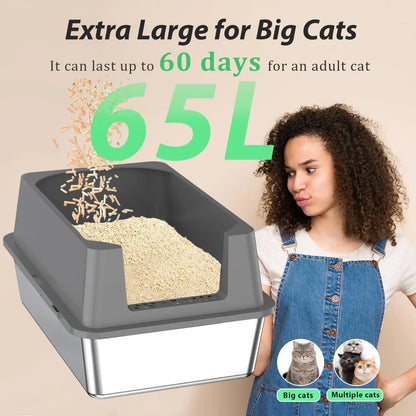 Stainless Steel Cat Litter Box With High Sides Easy Cleaning