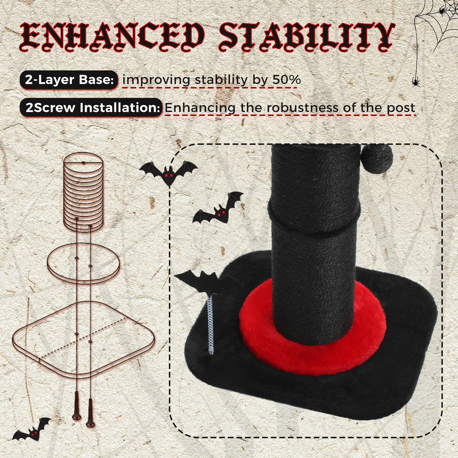 Large Cat Scratching Post for Indoor Gothic Cat Tree Tall Cat Scratcher with Thick Scratching Post Removable Cat Bed Spring Ball