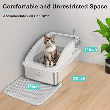 XL Stainless Steel Enclosed Cat Litter Box with Lid, High Sided Anti-Urine Leakage, Non-Stick Bottom, Includes Mat & Metal Scoop