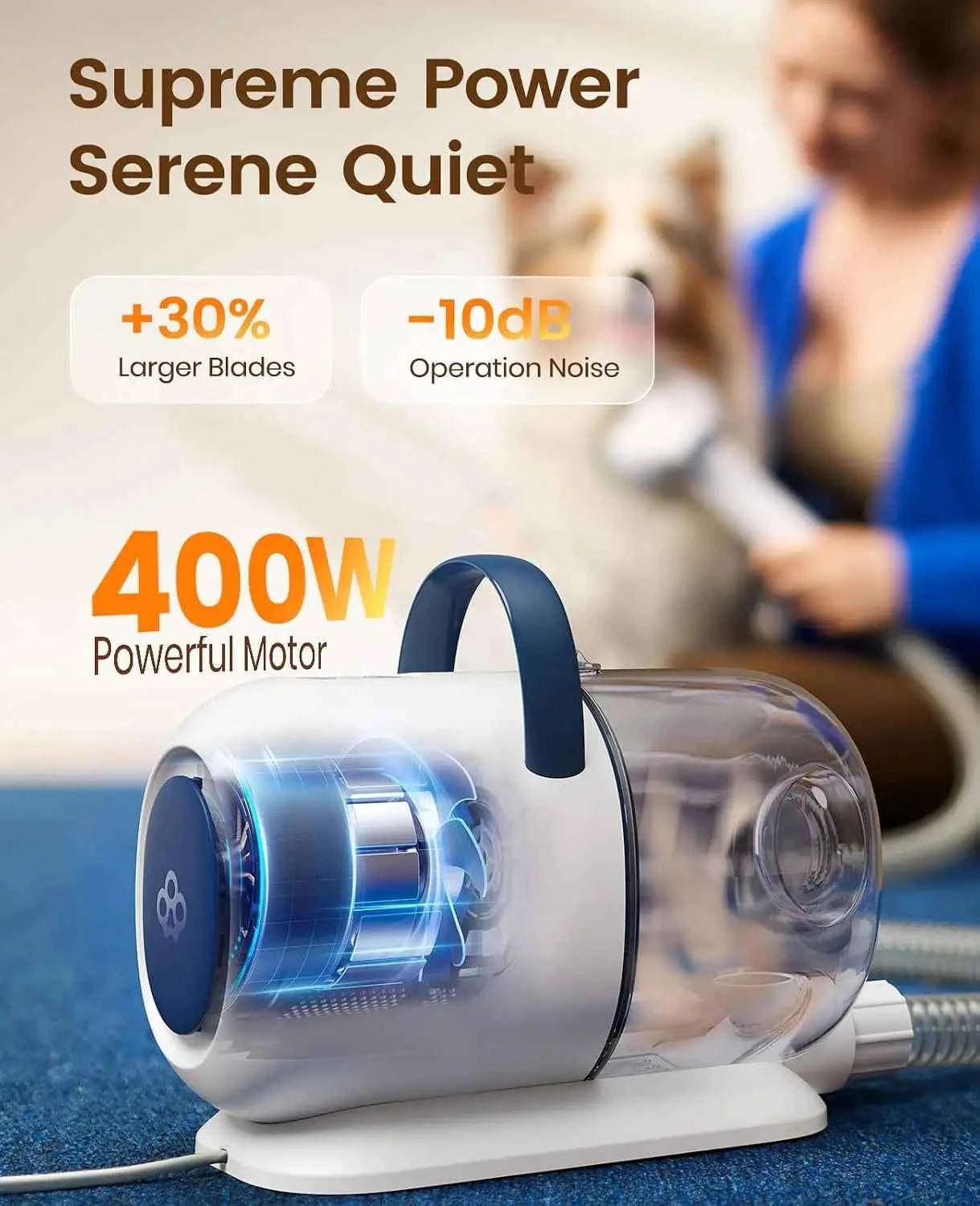 Dog Grooming Vacuum 15000Pa Suction, 99% Pet Hair Capture, Quiet Brush ≤59dB, 4 Accessories, 2L Canister