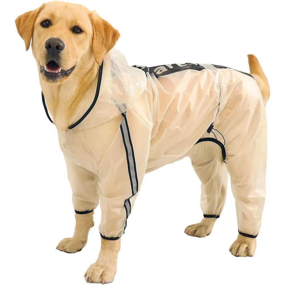 Dog Raincoat Hooded Poncho Waterproof Jacket 4 Legs Transparent Reflective Stripe Pet Rain Gear Outdoor Protection Medium