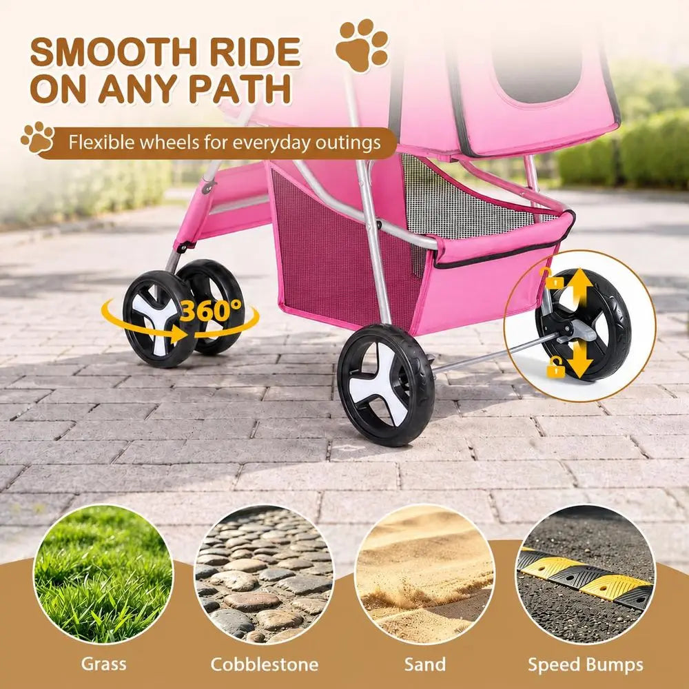 Pet Stroller 4 Wheels Dog Cat Stroller or Small Medium Dog Cats Carrier Jogger Travel oldable Puppy with Storage Basket and Cup