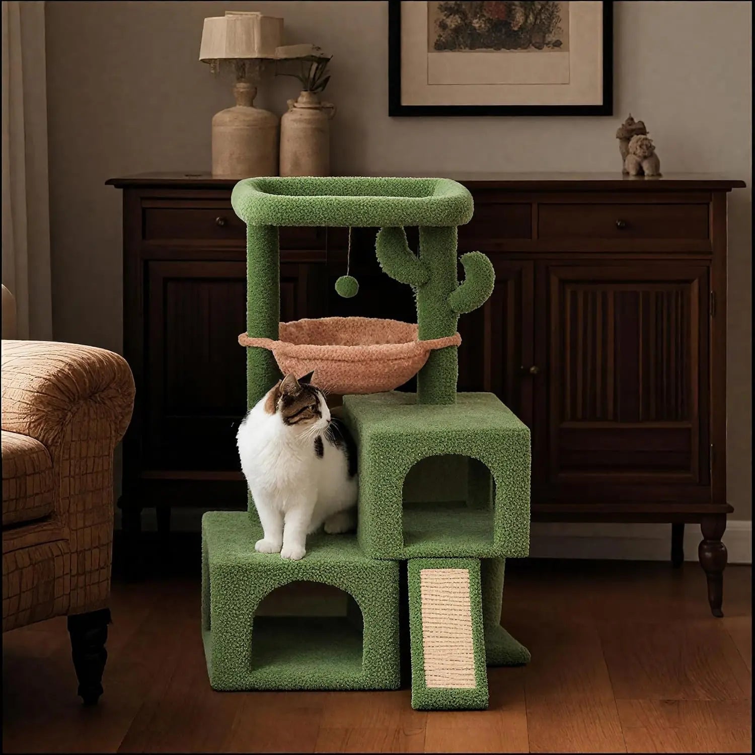 Cactus Cat Tree Tower with Twin Condos, Scratching Post, Hammock, Toys - Green