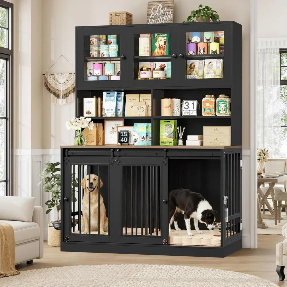 Double Dog Crate With Storage Hutch And Feeding Bowls Indoor