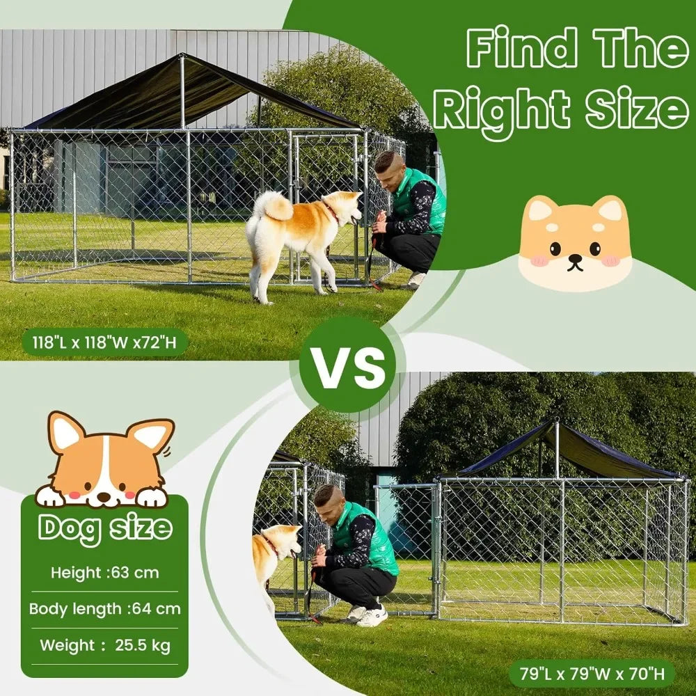 Outdoor Dog Enclosure Heavy Duty Dog Kennel House Mesh Dog Big Cage Pet Kennel Steel Fence with Secure Lock (6.56‘x 6.56’)
