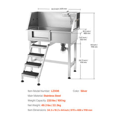SucceBuy 34" Dog Washing Station Stainless Steel Dog Wash Sink with Shower Faucet Soap Holder Non-Slip Stairs Easy-Clean Design