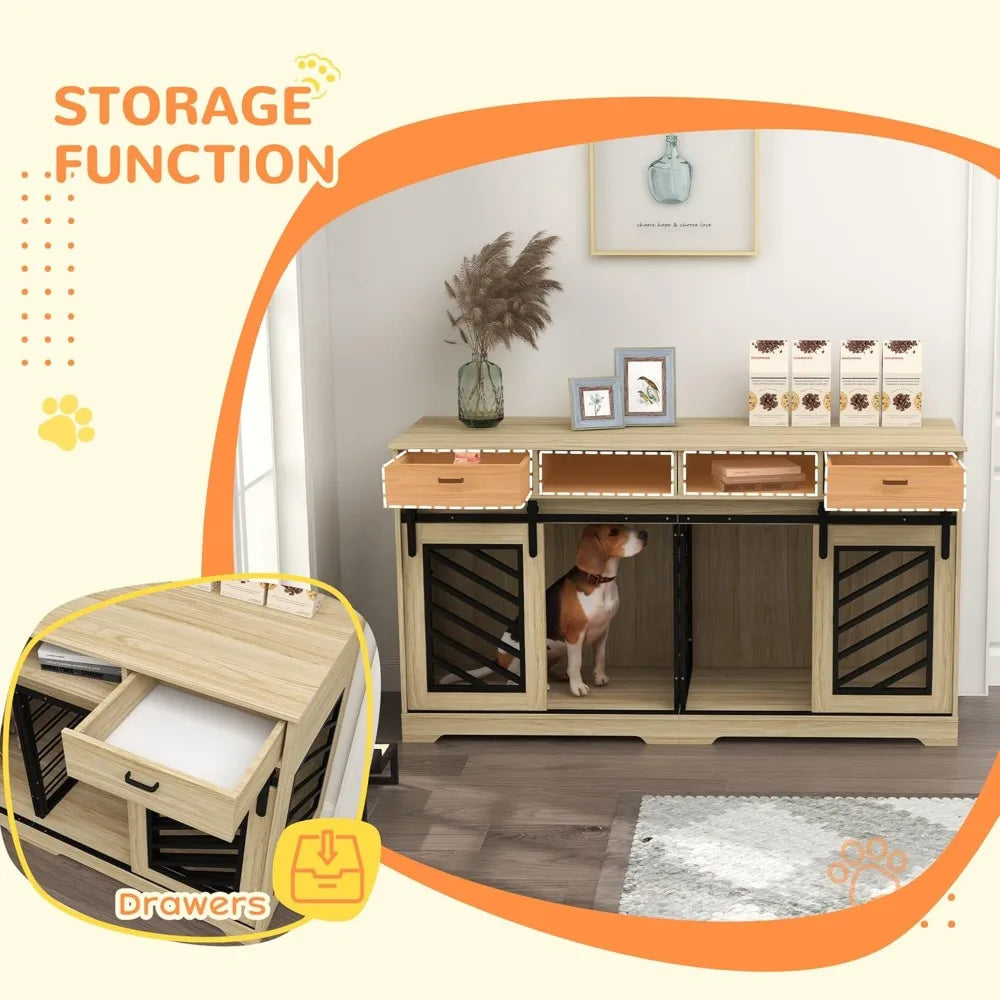 Double Dog Crate Furniture with Removable Divider for 2 Medium Dogs or 1 Large Dog, 66" Modern Dog Kennel Furniture End Table w