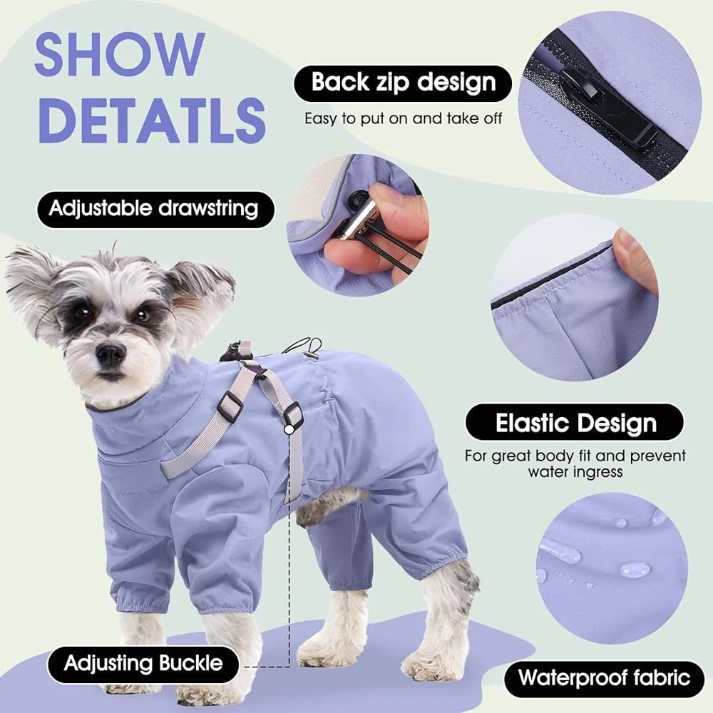 Waterproof Dog Raincoat With Harness Adjustable Lightweight